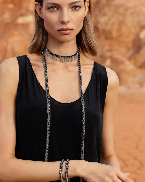 Long Chain and Ribbon Scarf Necklace with Gems - Black