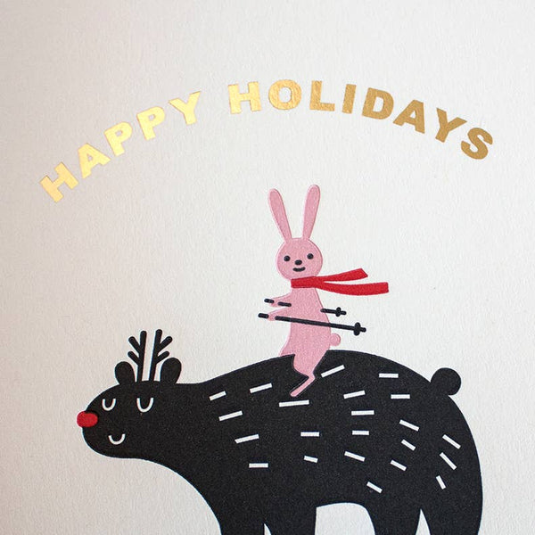 Happy Holidays Bear Bunny Ski Card