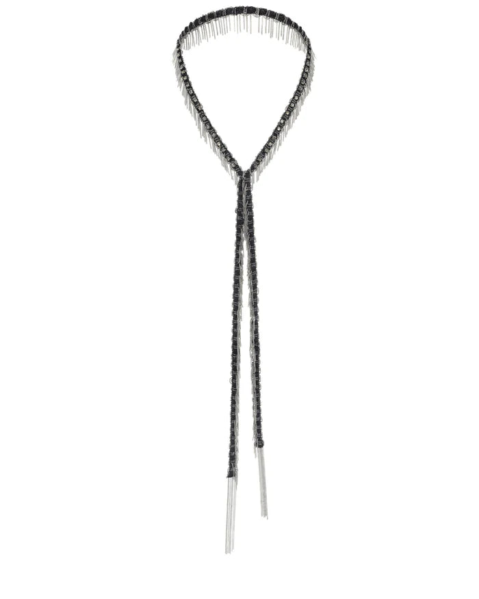 Long Chain and Ribbon Scarf Necklace with Gems - Black