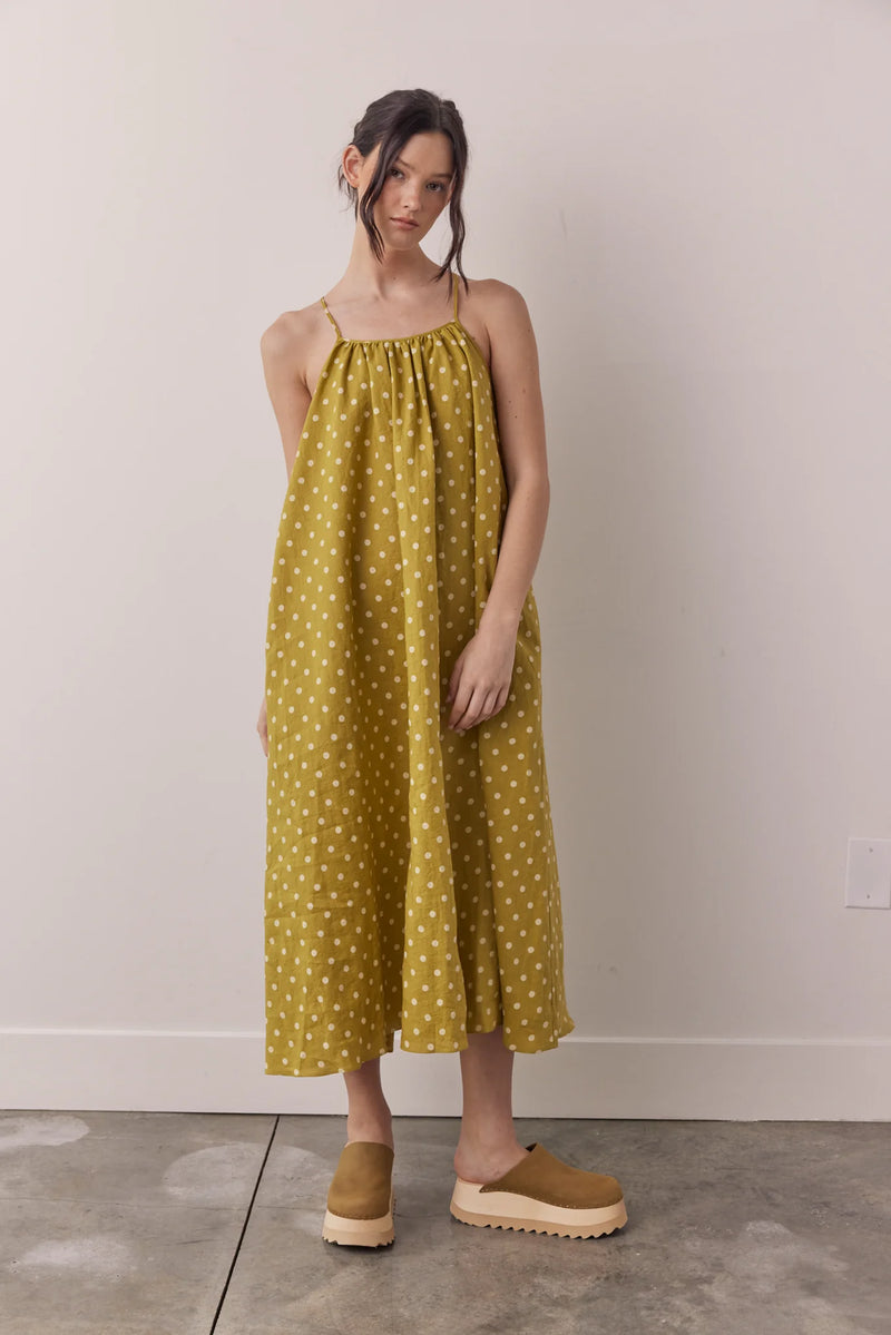 Linen Polka Dot Back Tie  Ankle Dress