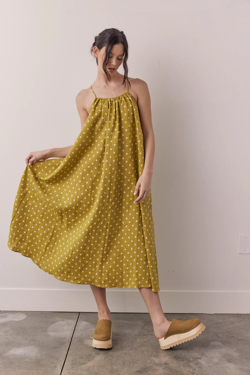 Linen Polka Dot Back Tie  Ankle Dress