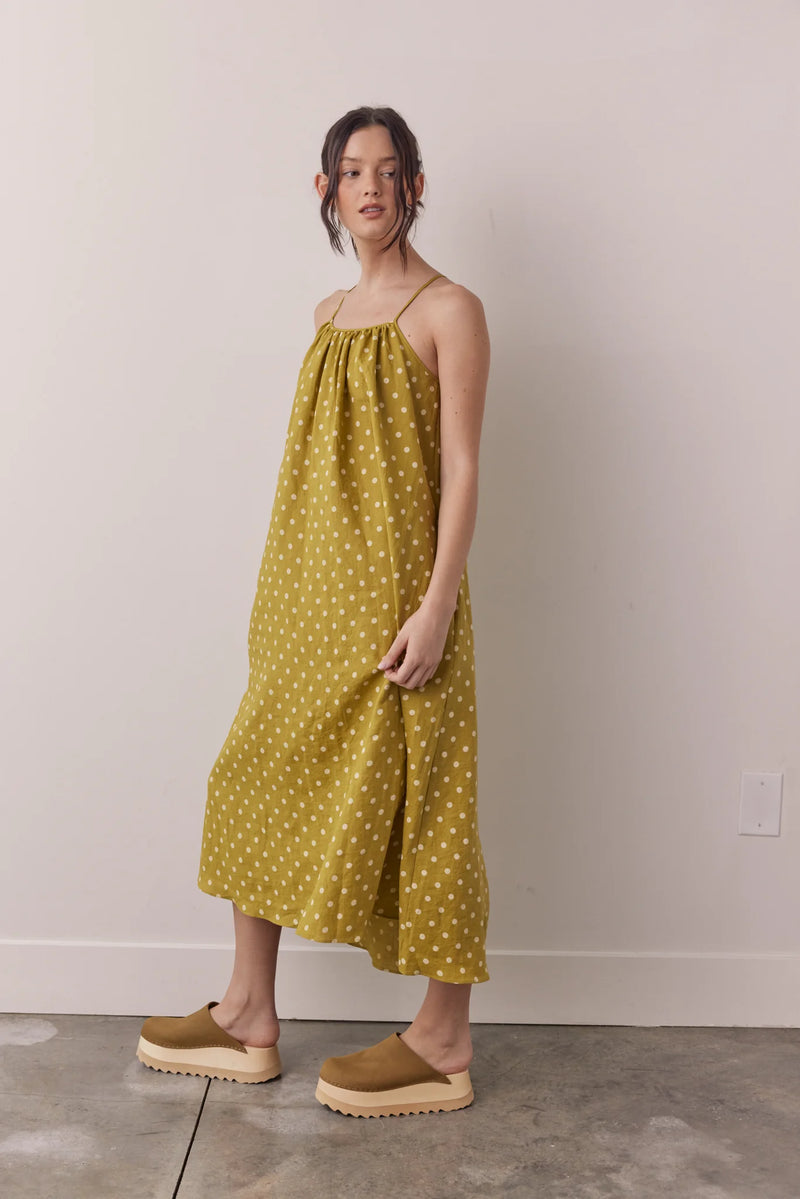 Linen Polka Dot Back Tie  Ankle Dress