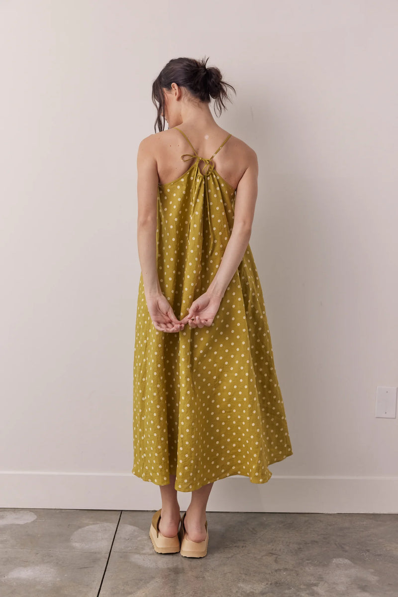 Linen Polka Dot Back Tie  Ankle Dress