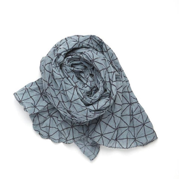 halo and swan block Printed organic cotton scarf connection geometric grid pattern soft blue Gray black stripe lightweight scarf SoWA shop Boston boutique gift 