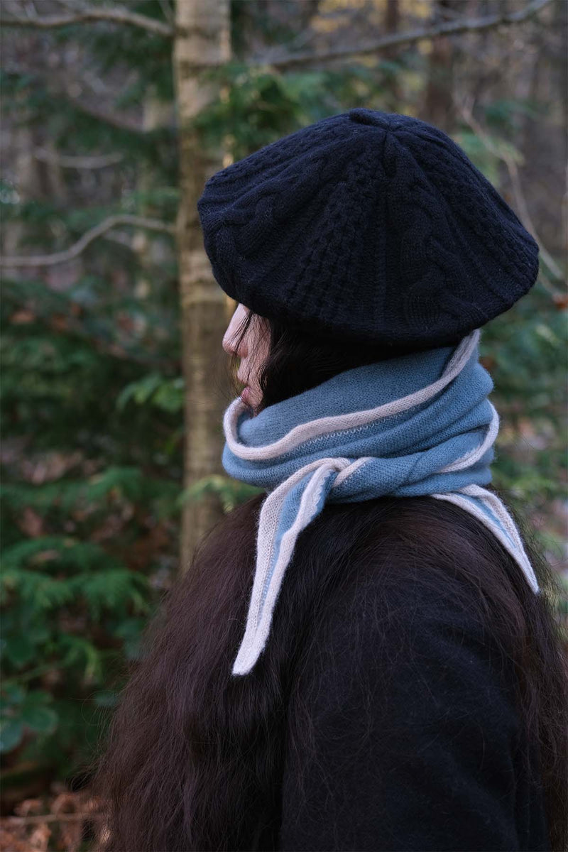 Cashmere Short Scarf - Soft Blue with Light Gray Border