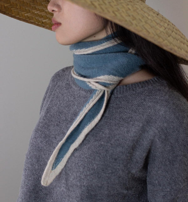 Oats & Rice Austen Spindle-shaped Knitted Cashmere Scarf Air Force Blue light gray border large short scarf bandana wool shop boston gift store luxury gifts boutique sowa handmade