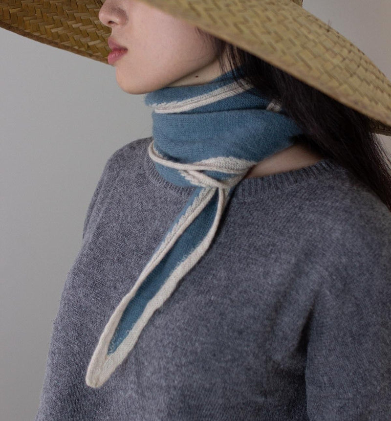 Oats & Rice Austen Spindle-shaped Knitted Cashmere Scarf Air Force Blue light gray border large short scarf bandana wool shop boston gift store luxury gifts boutique sowa handmade