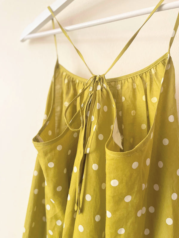Linen Polka Dot Back Tie  Ankle Dress