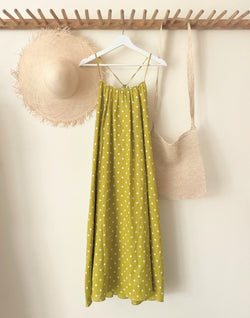 Linen Polka Dot Back Tie  Ankle Dress