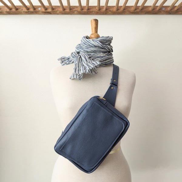 Stitch and Tickle leather lisbon blue ocean small crossbody bag shop boston handmade leather bags boutique studio sowa gift store waist hip bag fanny pack