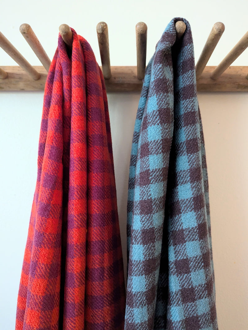 Wool Silk Scarf - Cloud Blue and Plum Checker