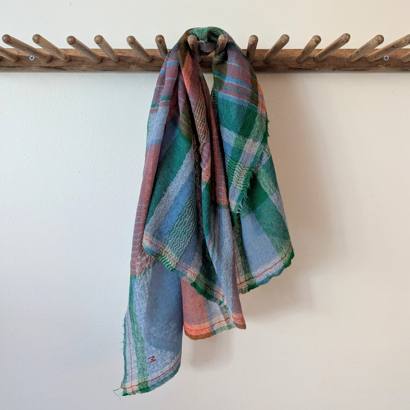 Moismont Foulard 752 Wool Plaid Square Green Blue Orange Unisex France India Handmade Woven Scarf Sowa Boutique Gift Store Shop Boston 