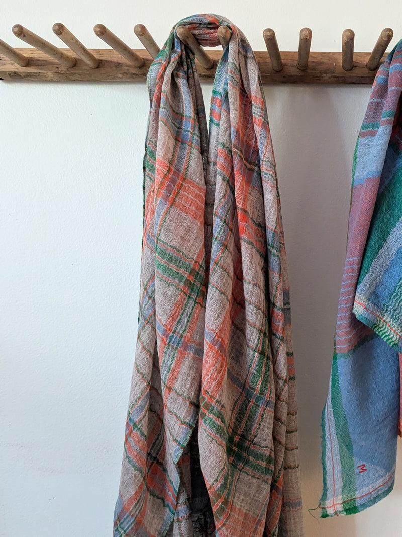 Moismont Echarpe 765 Natural Green Orange Blue Madras Plaid Wool Unisex France India Handmade Woven Scarf Sowa Boutique Gift Store Shop Boston 