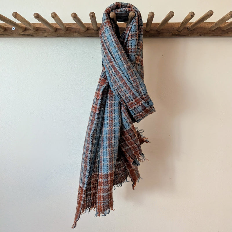 Moismont Echarpe 761 Cloud Orange Blue Checker Gingham Wool Unisex France India Handmade Woven Scarf Sowa Boutique Gift Store Shop Boston 