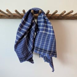 Moismont Floulard 744 Wool Plaid Square Denim Blue White Unisex France India Handmade Woven Scarf Sowa Boutique Gift Store Shop Boston 