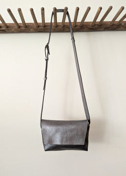 Stitch and Tickle handmade leather messenger bag Gunmetal silver metallic crossbody made in Boston made in usa leatherwork leathercraft SoWa boutique store gift shop