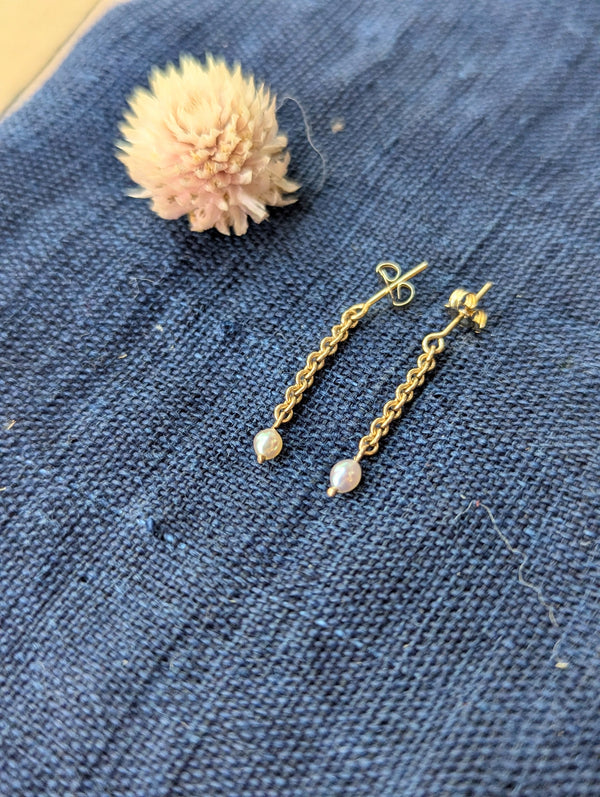 Occasionally sweet recycled 14k gold dawn earrings cleo chain dangle ayoka pearl made in NYC shop Boston sowa boutique jewelry handmade gift store