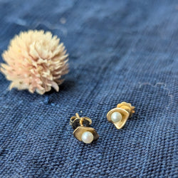 Occasionally Sweet Ayoka Japanese Pearl Petal Studs Earrings handmade hand-carved 14k solid yellow jewelry shop Boston sowa gift store boutique
