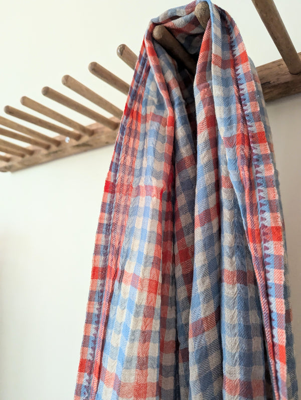 Moismont Echarpe 754 Cloud Orange Blue Checker Gingham Wool France India Handmade Woven Scarf Sowa Boutique Gift Store Shop Boston 