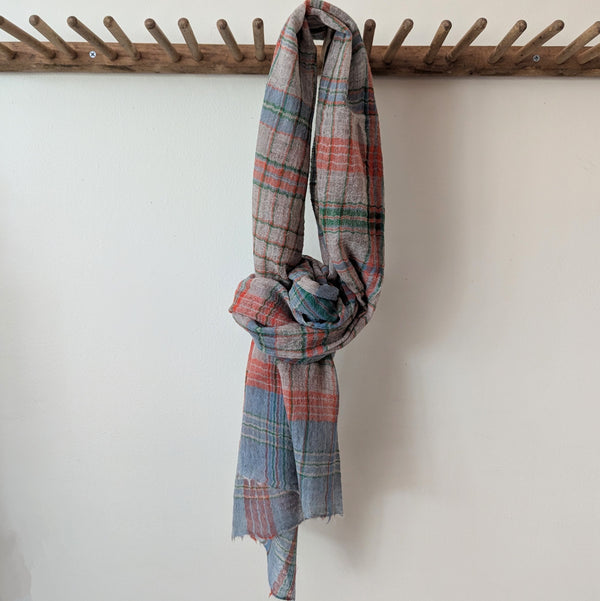 Large Wool Scarf - Orange, Blue and Green Plaid