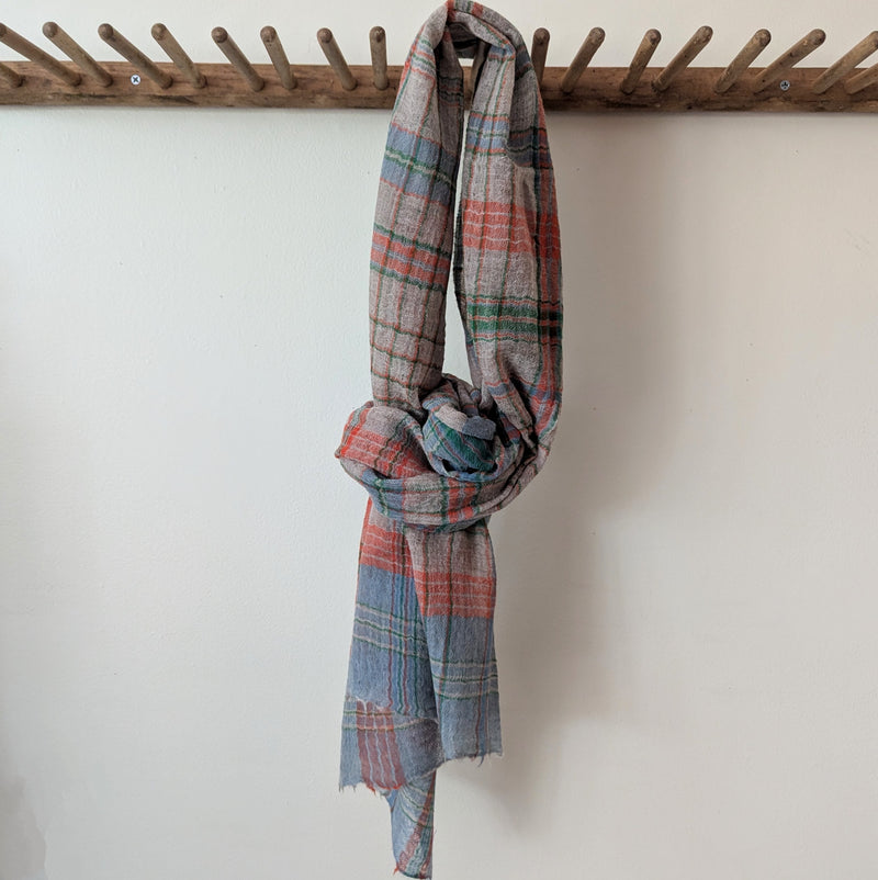 Large Wool Scarf - Orange, Blue and Green Plaid