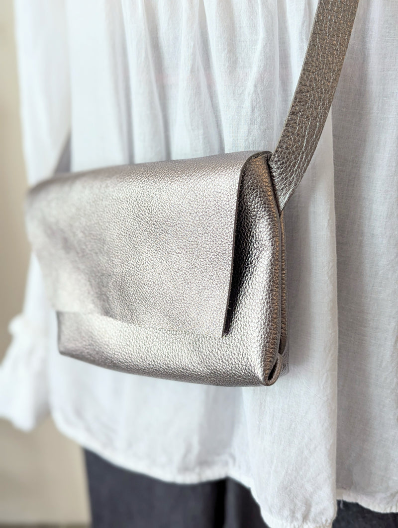 Stitch and Tickle handmade leather messenger bag Gunmetal silver metallic crossbody made in Boston made in usa leatherwork leathercraft SoWa boutique store gift shop