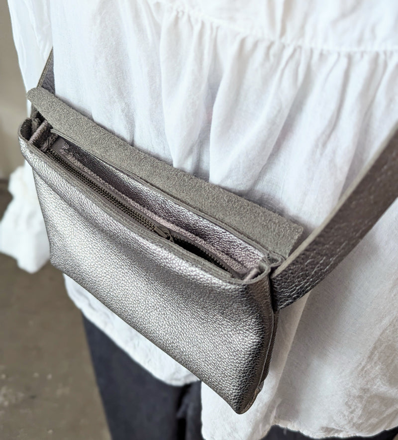 Stitch and Tickle handmade leather messenger bag Gunmetal silver metallic crossbody made in Boston made in usa leatherwork leathercraft SoWa boutique store gift shop