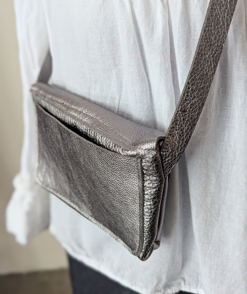 Stitch and Tickle handmade leather messenger bag Gunmetal silver metallic crossbody made in Boston made in usa leatherwork leathercraft SoWa boutique store gift shop