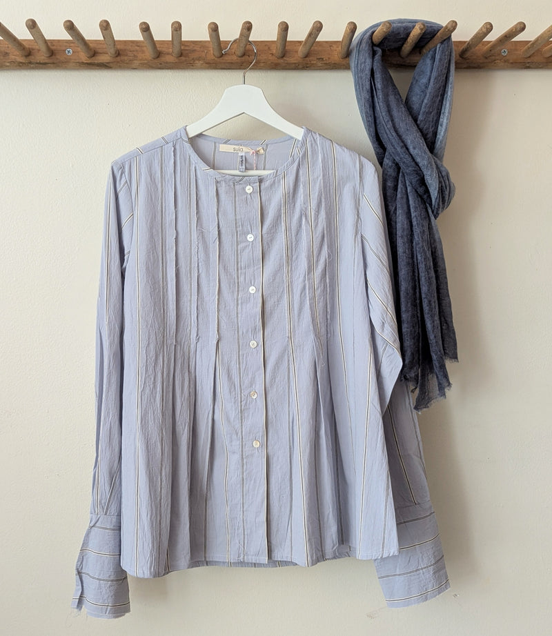 Sula Pleated Shirt Blue Stripe blouse Button up SoWA Boston boutique store independent fashion business gift shop 