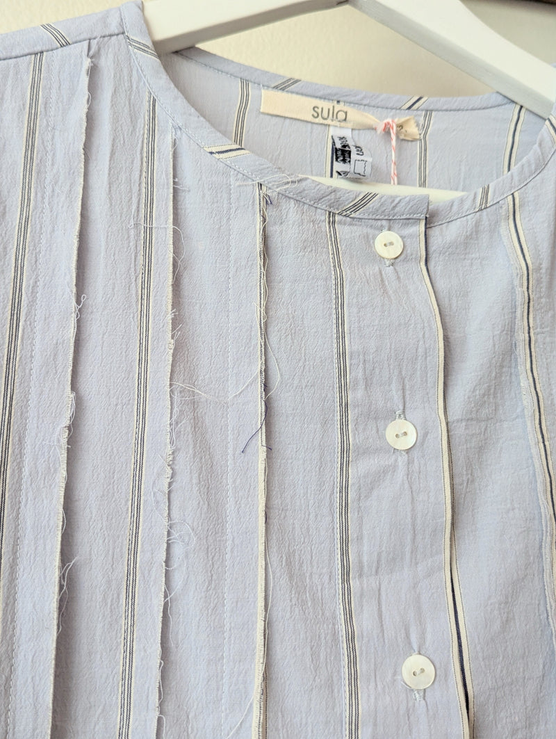 Sula Pleated Shirt Blue Stripe blouse Button up SoWA Boston boutique store independent fashion business gift shop 