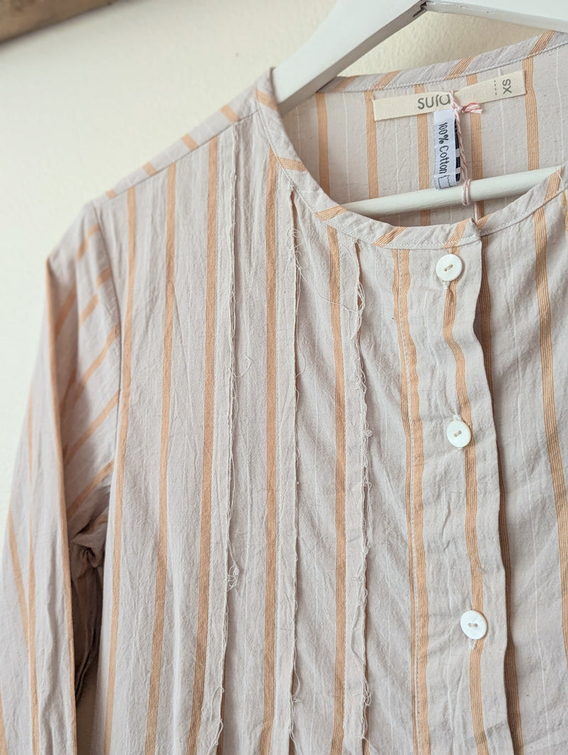 Sula Pleated Shirt Orange Beige Stripe blouse top Button up Cotton SoWA Boston boutique store independent fashion business gift shop 