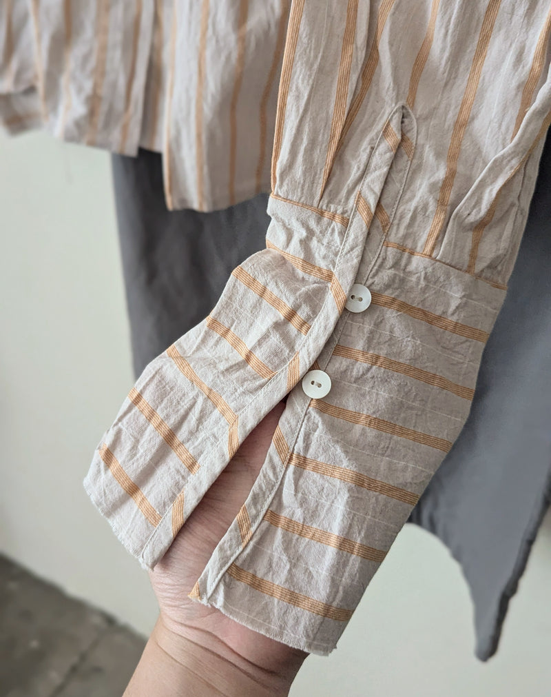 Sula Pleated Shirt Orange Beige Stripe blouse top Button up Cotton SoWA Boston boutique store independent fashion business gift shop 