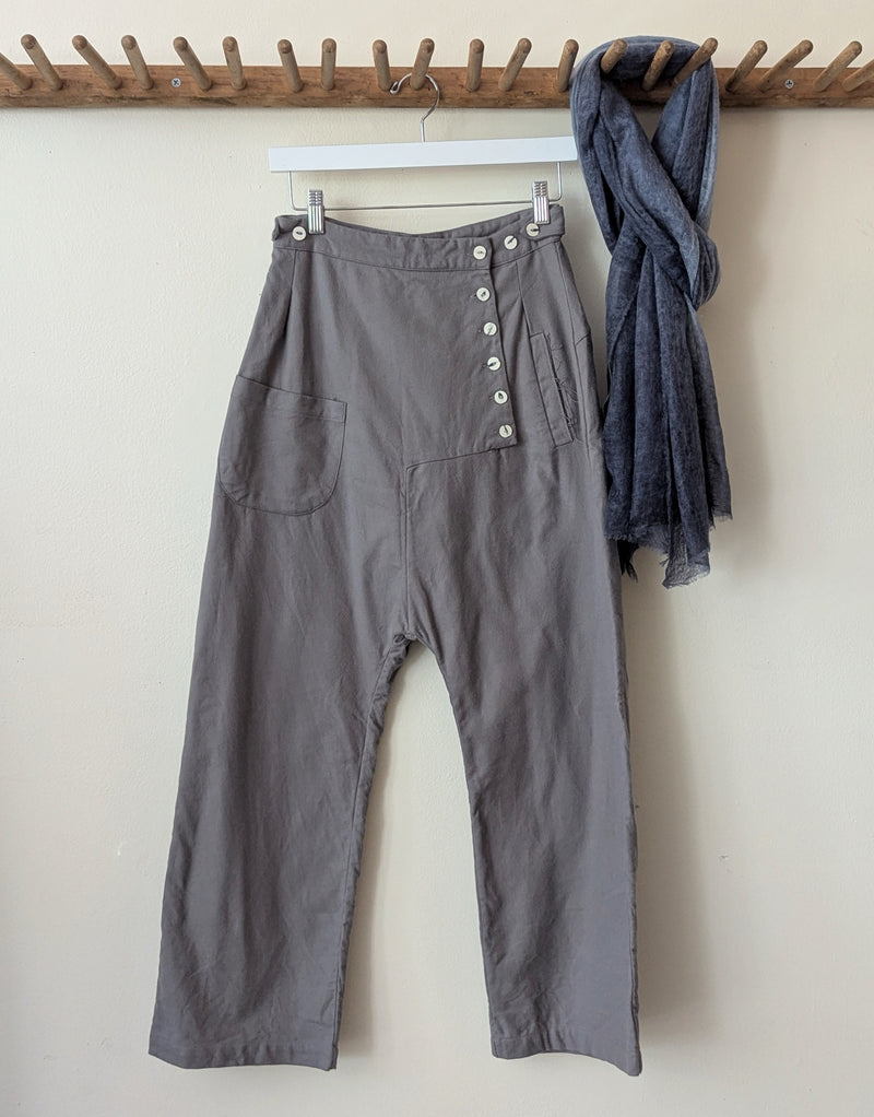 Sula clothing grey tin pants cotton flannel trouser drop crotch Small batch fashion apparel designer Boston boutique gift shop small business sowa 