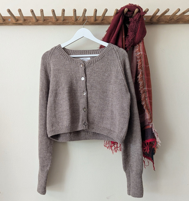 Auntie Oti hand knit 100% merino cropped wool cardigan sweater camel shop Boston sowa boutique gift store