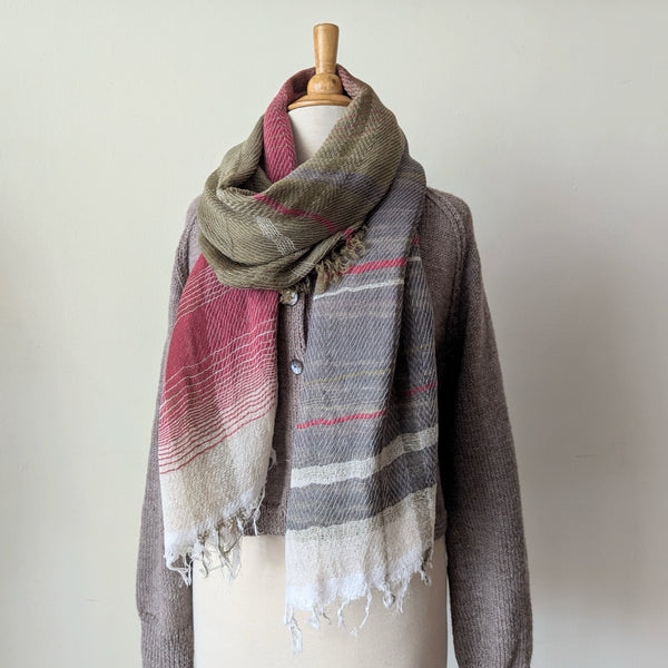 Tamaki Niime soft woven striped cotton scarf One of a kind. Made in Japan. Medium Root Shawl. multicolor shop Boston sowa gift store boutique medium sage green pink gray white