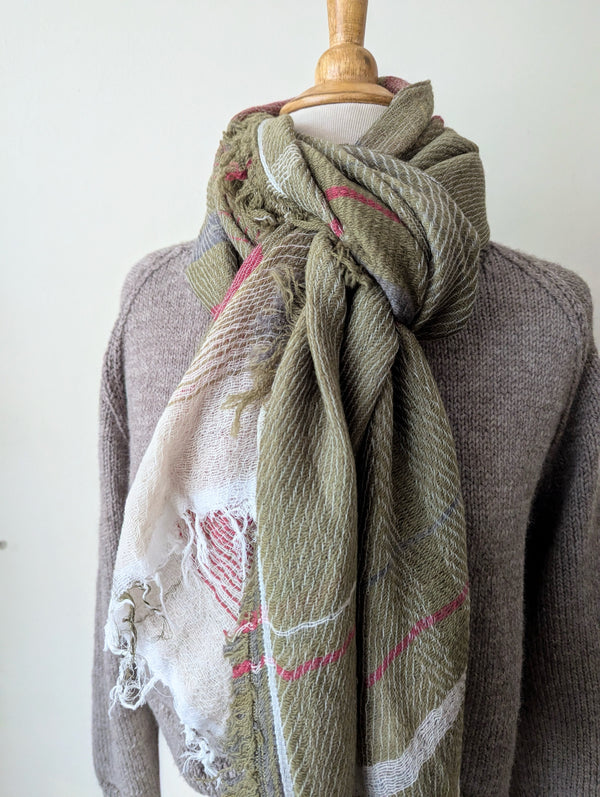 Tamaki Niime soft woven striped cotton scarf One of a kind. Made in Japan. Medium Root Shawl. multicolor shop Boston sowa gift store boutique medium sage green pink gray white