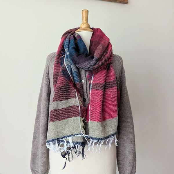 Tamaki Niime soft woven striped cotton scarf One of a kind. Made in Japan. Medium Root Shawl. multicolor shop Boston sowa gift store boutique medium cerulean blue red burgundy white