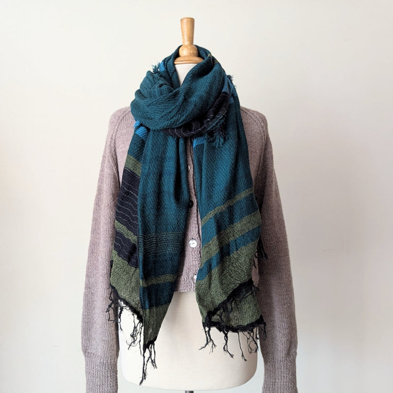 Tamaki Niime soft woven striped cotton scarf One of a kind. Made in Japan. Medium Root Shawl. multicolor shop Boston sowa gift store boutique teal green black blue