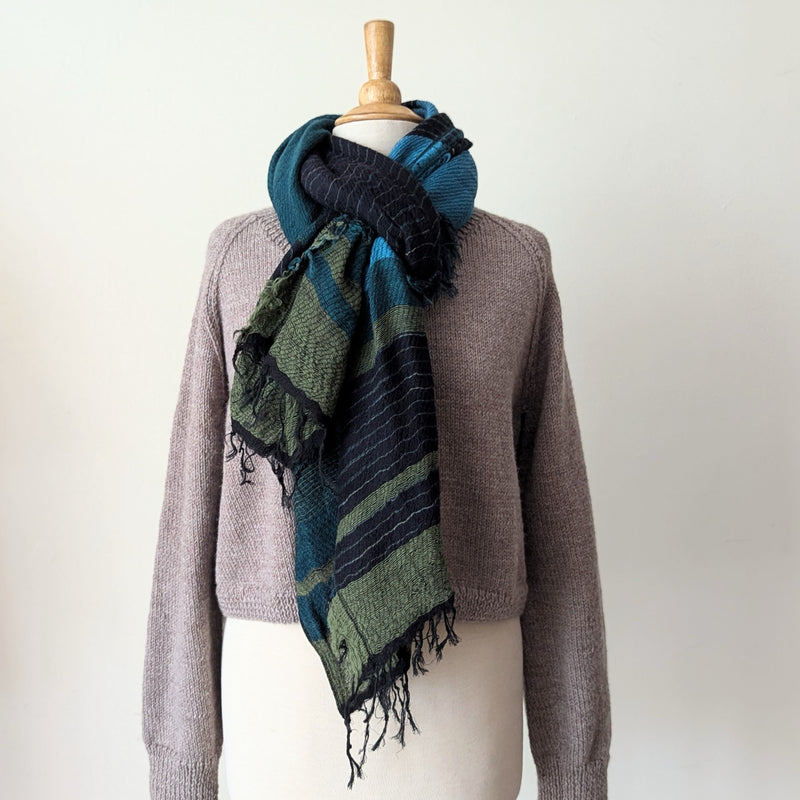 Tamaki Niime soft woven striped cotton scarf One of a kind. Made in Japan. Medium Root Shawl. multicolor shop Boston sowa gift store boutique teal green black blue