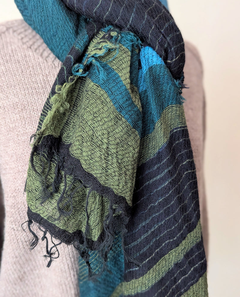 Tamaki Niime soft woven striped cotton scarf One of a kind. Made in Japan. Medium Root Shawl. multicolor shop Boston sowa gift store boutique teal green black blue