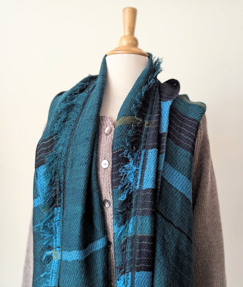 Tamaki Niime soft woven striped cotton scarf One of a kind. Made in Japan. Medium Root Shawl. multicolor shop Boston sowa gift store boutique teal green black blue