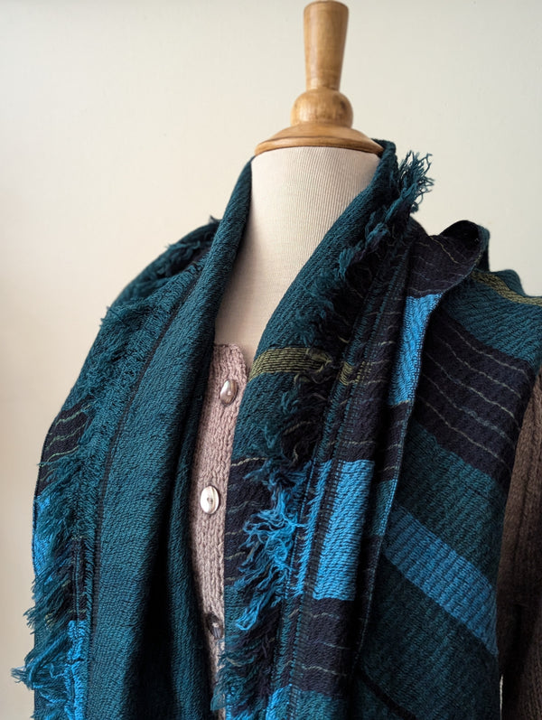 Tamaki Niime soft woven striped cotton scarf One of a kind. Made in Japan. Medium Root Shawl. multicolor shop Boston sowa gift store boutique teal green black blue