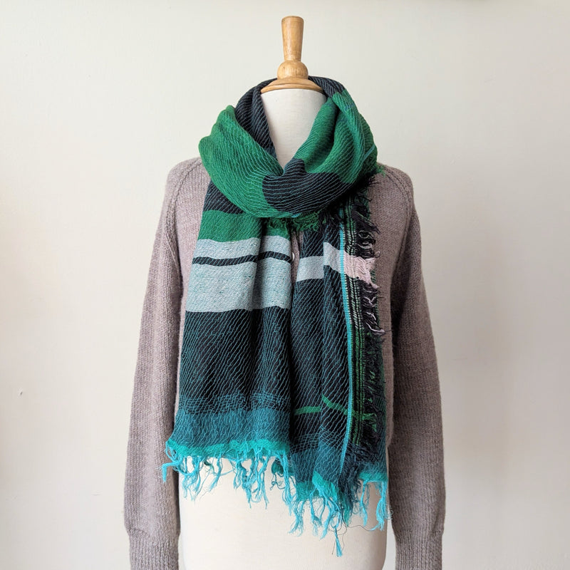 Tamaki Niime soft woven striped cotton scarf One of a kind. Made in Japan. Medium Root Shawl. multicolor shop Boston sowa gift store boutique teal green black blue aqua white