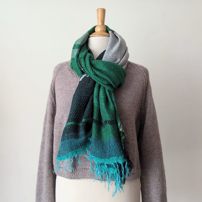 Tamaki Niime soft woven striped cotton scarf One of a kind. Made in Japan. Medium Root Shawl. multicolor shop Boston sowa gift store boutique teal green black blue aqua white