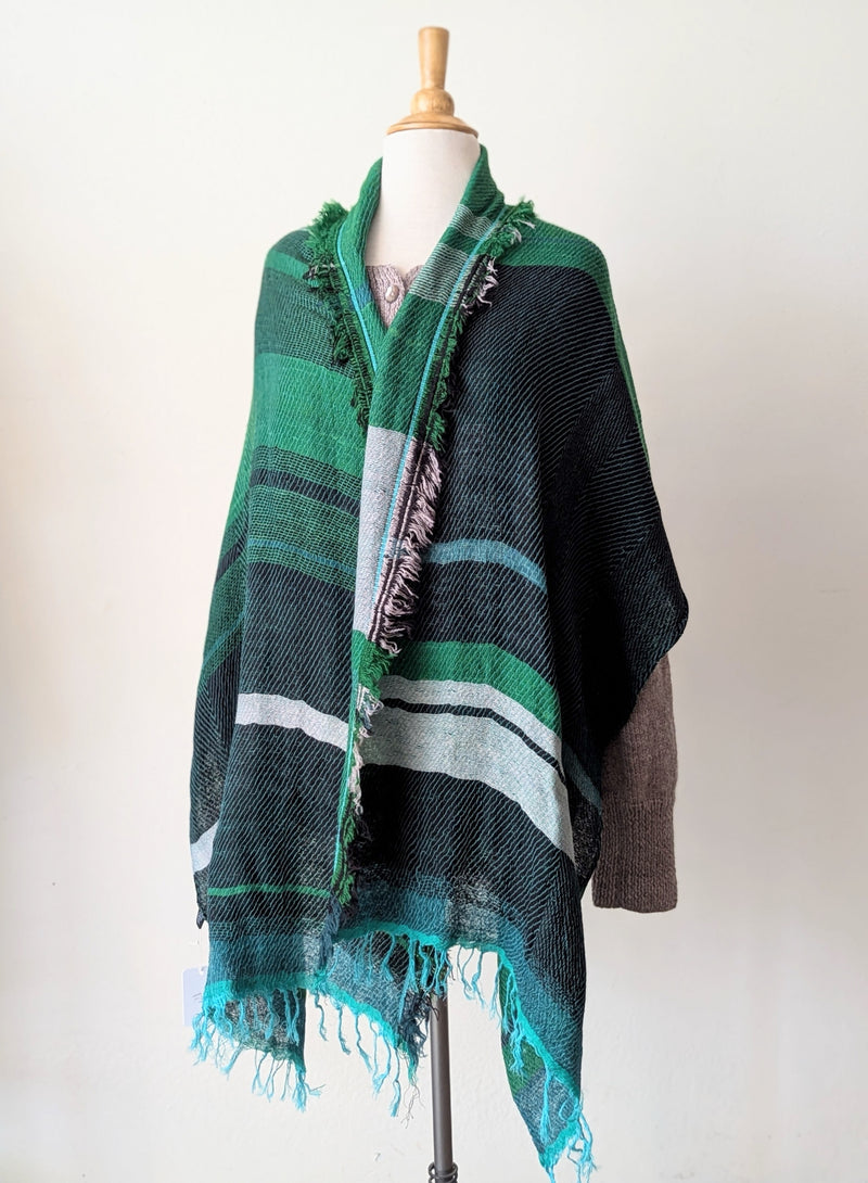 Tamaki Niime soft woven striped cotton scarf One of a kind. Made in Japan. Medium Root Shawl. multicolor shop Boston sowa gift store boutique teal green black blue aqua white