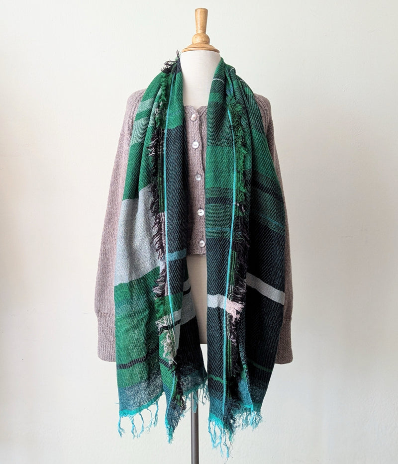 Tamaki Niime soft woven striped cotton scarf One of a kind. Made in Japan. Medium Root Shawl. multicolor shop Boston sowa gift store boutique teal green black blue aqua white