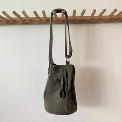 Stitch and Tickle handmade Italian suede cinched bucket bag made in Boston made in usa leatherwork leathercraft SoWa boutique gift shop 