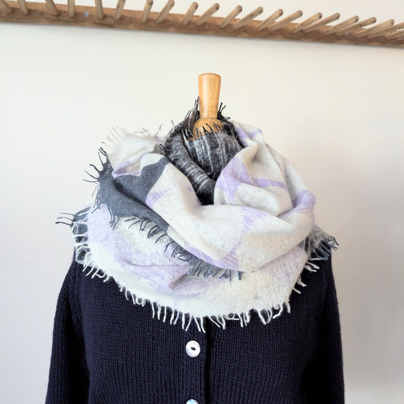 Pilgrim Waters Tumble Knitted Cashmere Wool Scarf rectangle lavendar white charcoal gray shop boston sowa boutique gift store