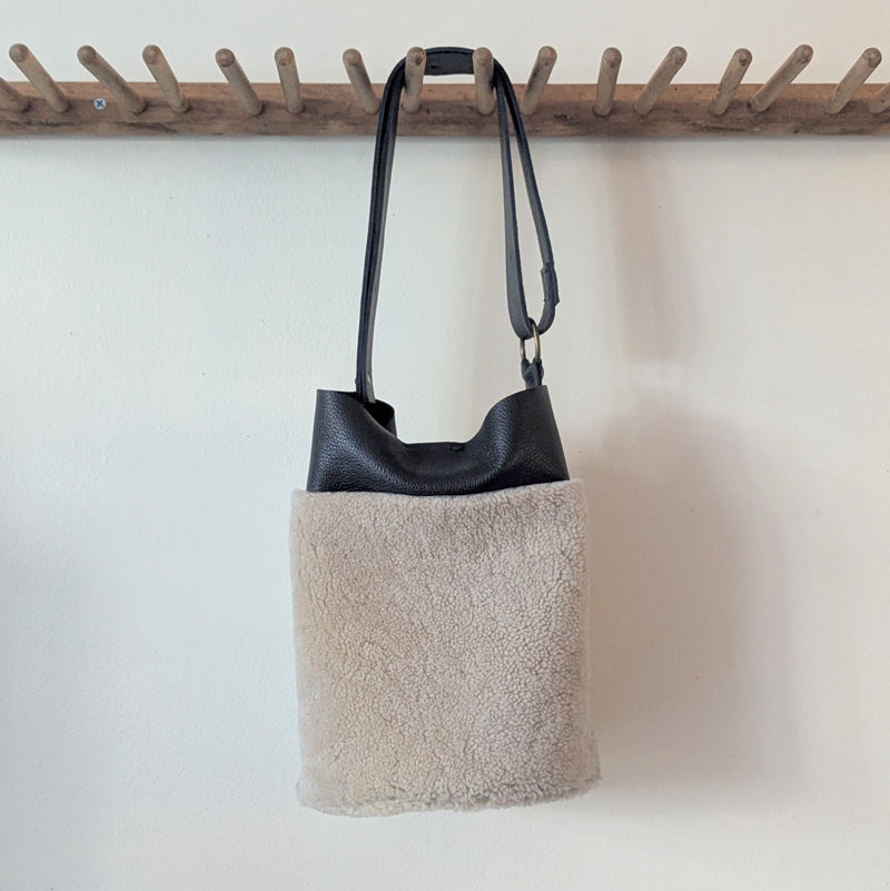 Stitch and Tickle handmade shearling  leather large bucket bag made in Boston made in usa leatherwork leathercraft SoWa pocket book tote carryall