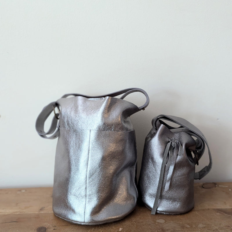 Stitch and Tickle everyday silver metallic large bucket leather bag handmade boston gift shop sowa independent boutique